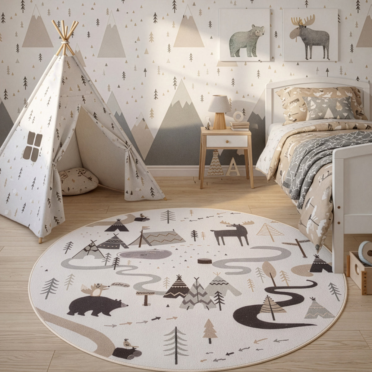 Kinderteppich Coco 1135 Wald Creme Rund in 3 Größen